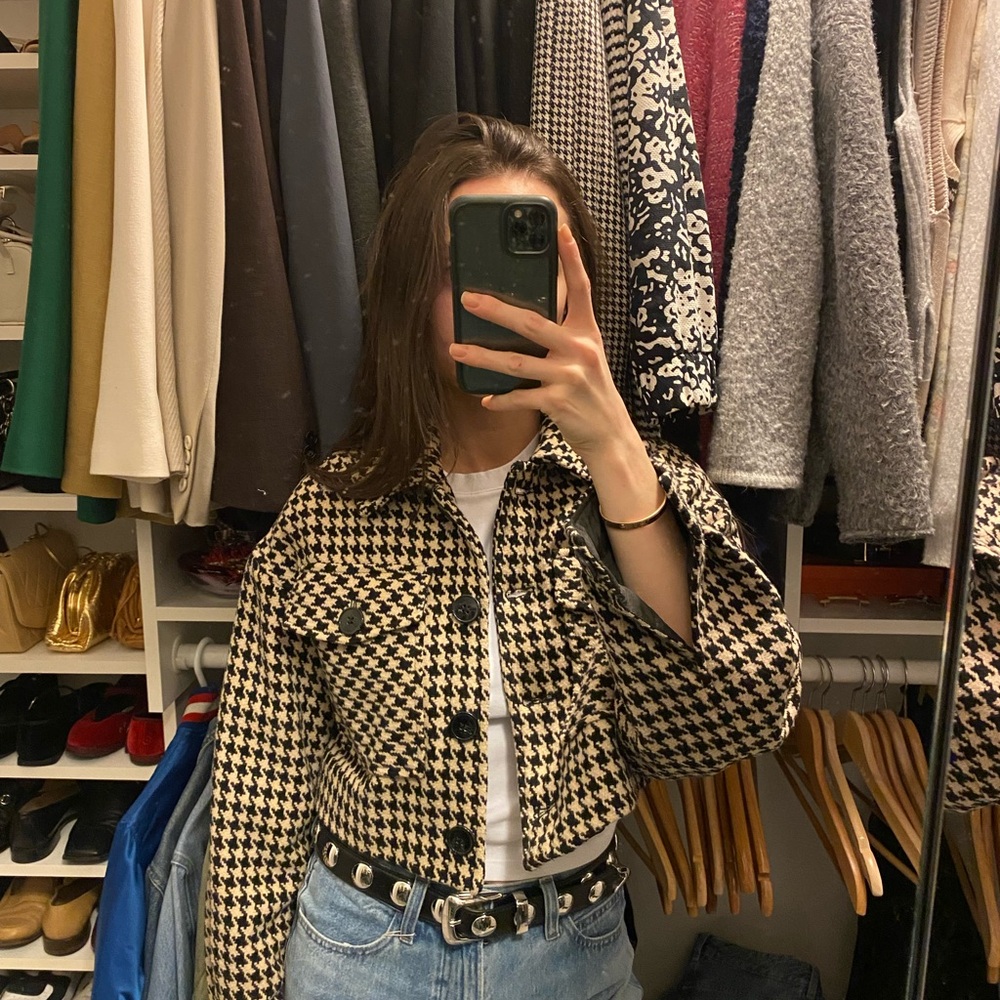 Houndstooth cropped blazer jacket with lapel - Picture 2 of 7